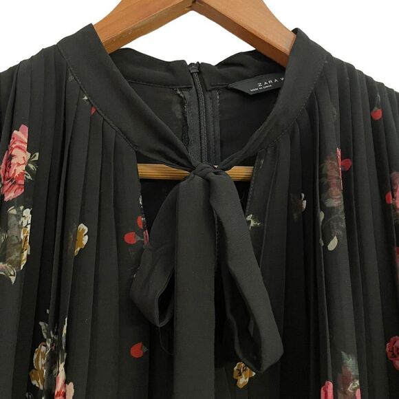 Zara Black Floral Relaxed Pleated Over Dress Romper with Bow Tie Front Detail S - Picture 3 of 7